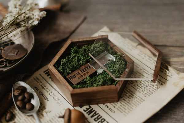 Hexagon sliding lid walnut USB box with transparent lid