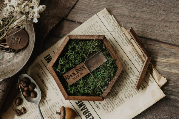 Hexagon sliding lid walnut USB box with transparent lid