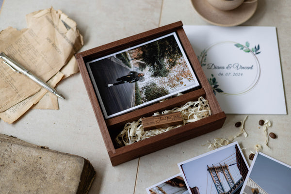 5 x 7 white glass sliding lid photo box + compartment