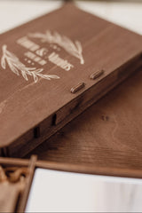 Wooden product with engraved design on a wooden surface